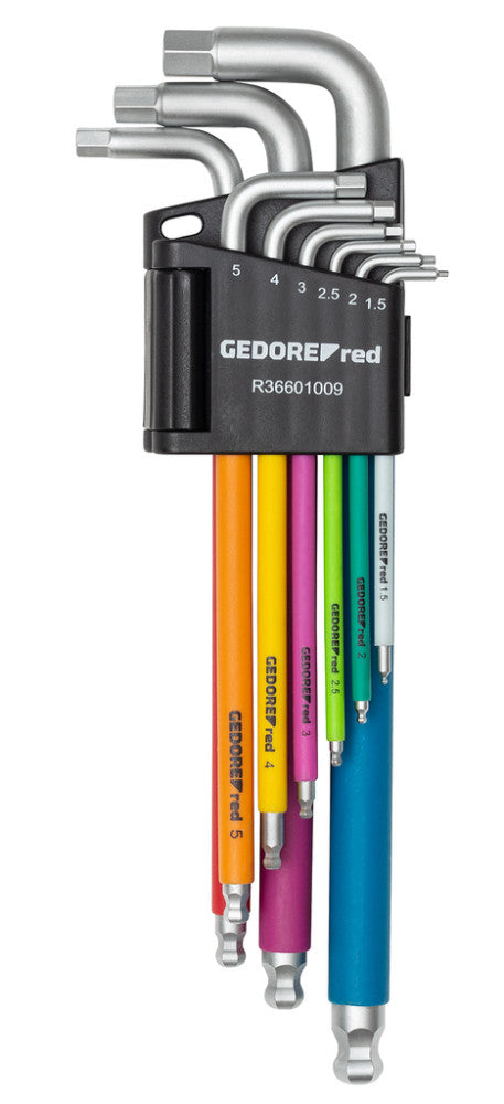 Színes imbuszkulcs készlet tartóban 1.5-10mm, 9részes, hosszú, gömbvégű (GEDORE R36601009)