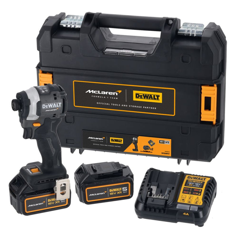 18V/2x5Ah XR McLaren F1 Team Ütvefúró-csavarozó akkuval, töltővel TSTAK kofferben (DeWALT DCF85MP2T-QW)