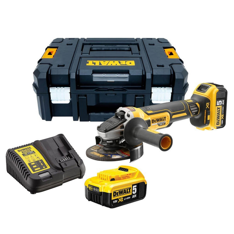 18V/2x5.0Ah Akkus XR 125mm kefe nélküli sarokcsiszoló (DeWALT DCG405P2-QW)