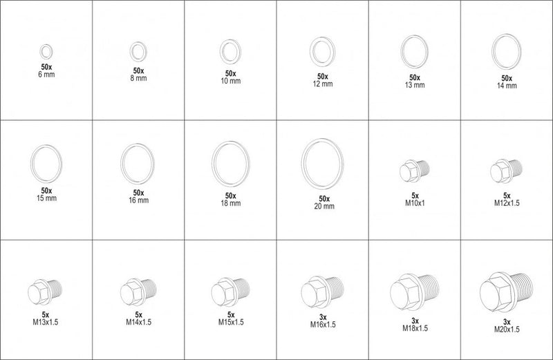 Oil Sump Plug Kit: bolts and copper washers, 534pcs, 6mm-M20 (YATO YT-06864)