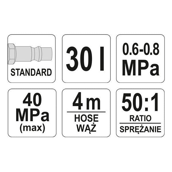 Pneumatikus zsírzó 30L, 40 MPa (YATO YT-07068)