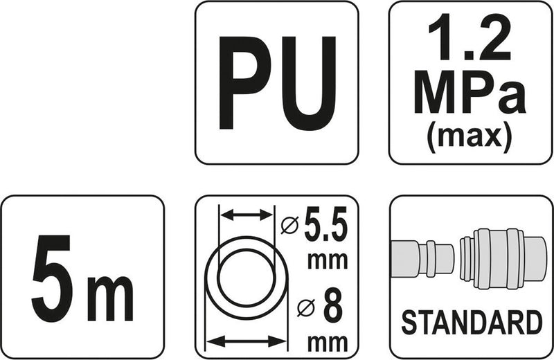 Levegős spiráltömlő, 5.5x8mm, EU csatlakozóval, 5méteres, PU (YATO YT-24201)