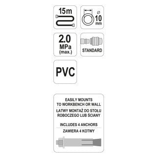 Pneumatikus tömlődob 15m, 10mm PVC (YATO YT-24240)