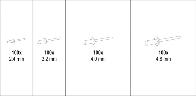 Aluminium Pop Rivet Set, 400 pcs, 2.4-4.8mm (YATO YT-36420)