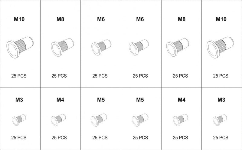 Rivet nut set, M3-M10, 300pcs (YATO YT-36480)