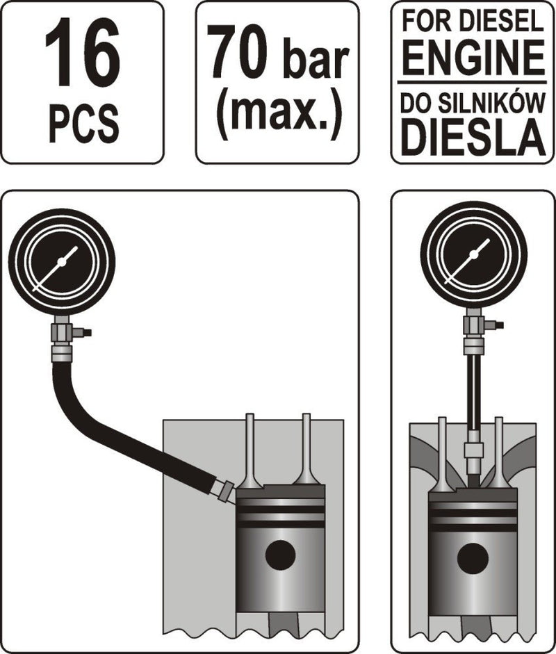Kompressziómérő óra diesel motorokhoz, 70bar (YATO YT-7307)