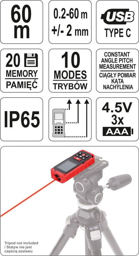 Lézeres távolságmérő 0.2-60m IP65 (YATO YT-73127)