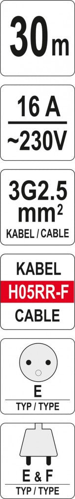 Cable reel 30m 3x2.5mm2, power strip, extension cord 16A (YATO YT-8106)