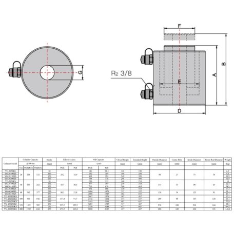 Kettős működésű üreges hidraulikus munkahenger (60T, 200mm) (YG-60200KS)