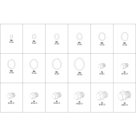 Olajteknő készlet: csavarok és ALU tömítések, 534db, 6mm-M20 (YATO YT-06862)