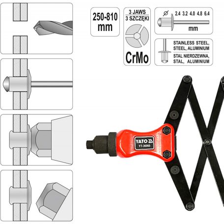 Harmónikás popszegecshúzó 2,4-6,4 mm, 250-810 mm (YATO YT-36060)