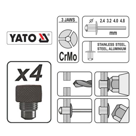 Popszegecshúzó kézi, 2.4-4.8mm, 190-270mm (YATO YT-36070)