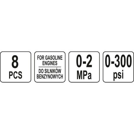 Kompresszió és vákum mérő készlet, benzines, 8részes, 0-20bar (YATO YT-73022)