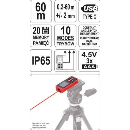 Lézeres távolságmérő 0.2-60m IP65 (YATO YT-73127) 